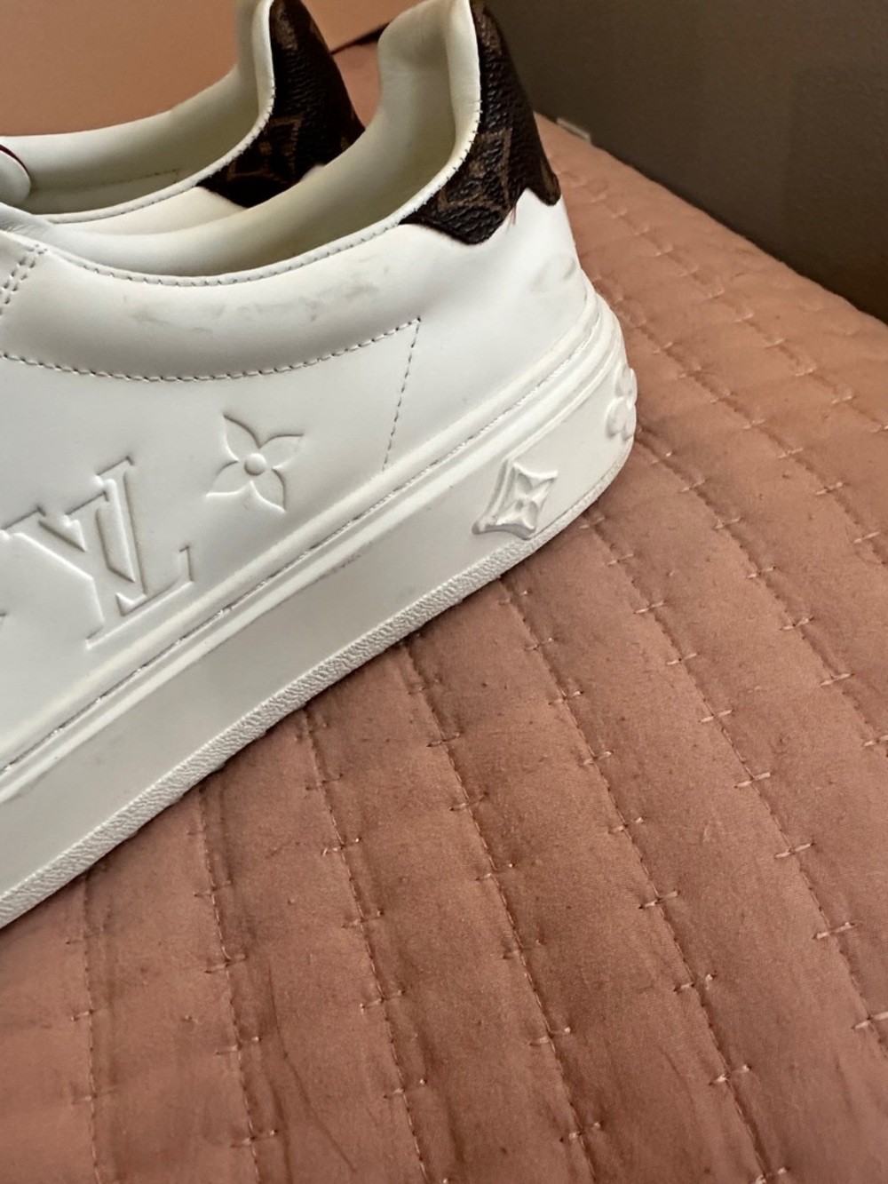 Louis Vuitton White Leather Sneakers with Brown Monogram Detail - Picture 5 of 9